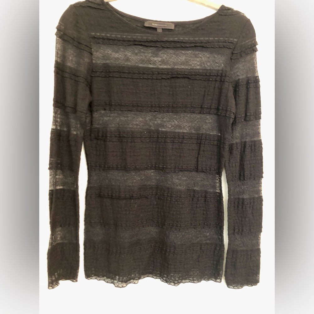 BCBG Sheer black lace long sleeved stretchy top size small.